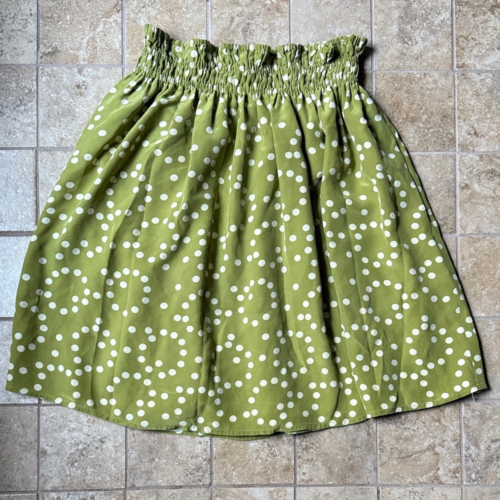 Anthro Corey Lynn Carter Skirt 100% Silk Paperbag Waist Pockets Lime Polka Dots